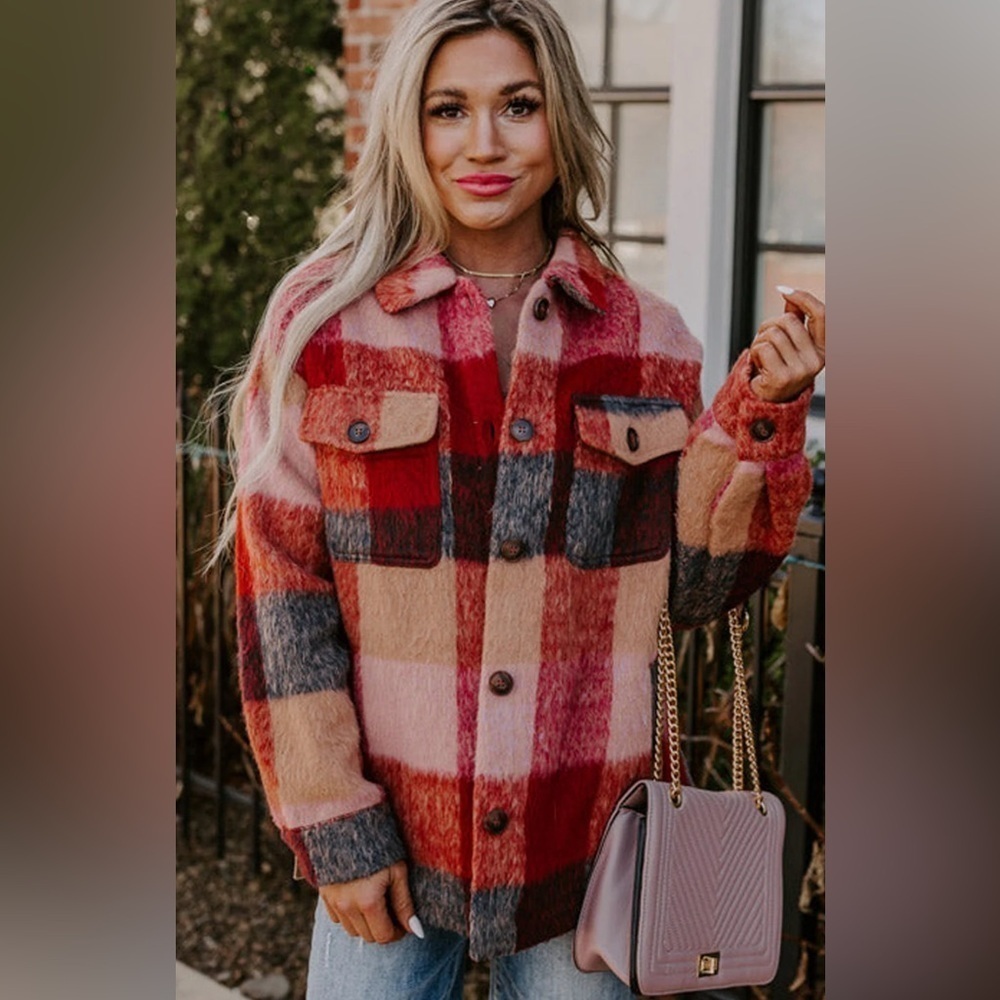 Polagram polyester/wool lumberjack plaid jacket shirt Large